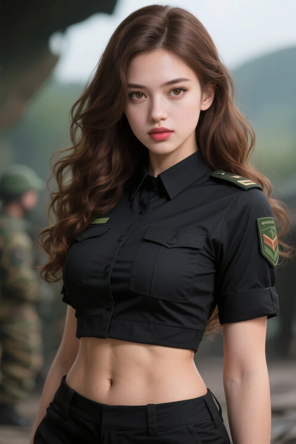 8K, best quality, Extremely detailed:1.37), Aliana, 18 years old, A beautiful Asian girl, Wearing the uniform with pride, Representing her role as a soldier. She was wearing a fitted summer military uniform.. High-resolution images capture ultra-detailed realism, highlighting Aliana's determined expression, Sharp eyes, and a confident attitude. The background shows a military base, Adds authenticity and meaning to the image. This visually striking representation showcases Aliana's strength and dedication as a soldier.