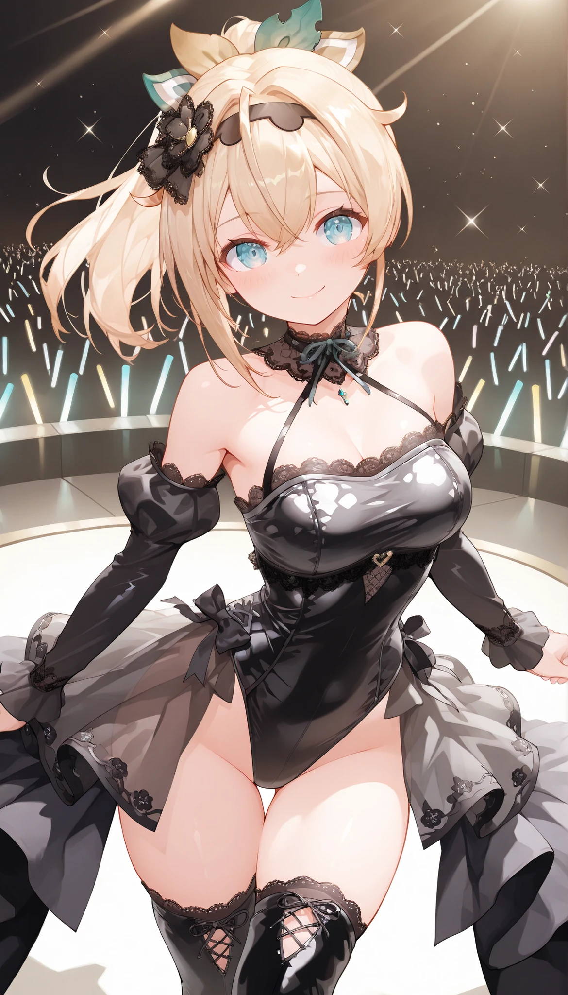 1girl,solo,(standard height),full body,standing,(white hair:1.6),short hair, (red hairband:1.2),hair ornament,(one side red butterfly ribbon),(yellow eyes:1.4),(beautiful fingers:1.6),(perfect anatomy:1.4),(arms_behind_back:1.6),(cold_shoulder:1.2),BREAK,(yellow leather lace glossy silk lamé playboy bunny:1.6),(purple pencil mini skirt:1.4),(latex luster shiny glossy metallic:1.6),(shiny_clothes:1.6),medium breasts,beautiful breasts,(masterpiece),best quality,(Ultra high definition eyes:1.2),8k,(Beautiful detailed eyes:1.2),(Fine and beautiful eyes:1.2),(pretty eyes:1.2),finely detail,extremely CG, absurdres,high resolution,illustration,Detailed and beautiful outlines,finely detail,high resolution,(colorful refraction:1.4,Increase saturation:1.2),beautiful lighting,dynamic lighting,closed room,black background,simple background, smile,looking at viewer,mio,gtold gloves,spider web print,sash,obi,(yellow rabbit ears:1.4),(yellow thigh boots:1.4),(white Clear PVC sheets sleeves:1.4),(sheer sleeves:1.4),(see-through sleeves:1.4),(wide sleeves:1.2)