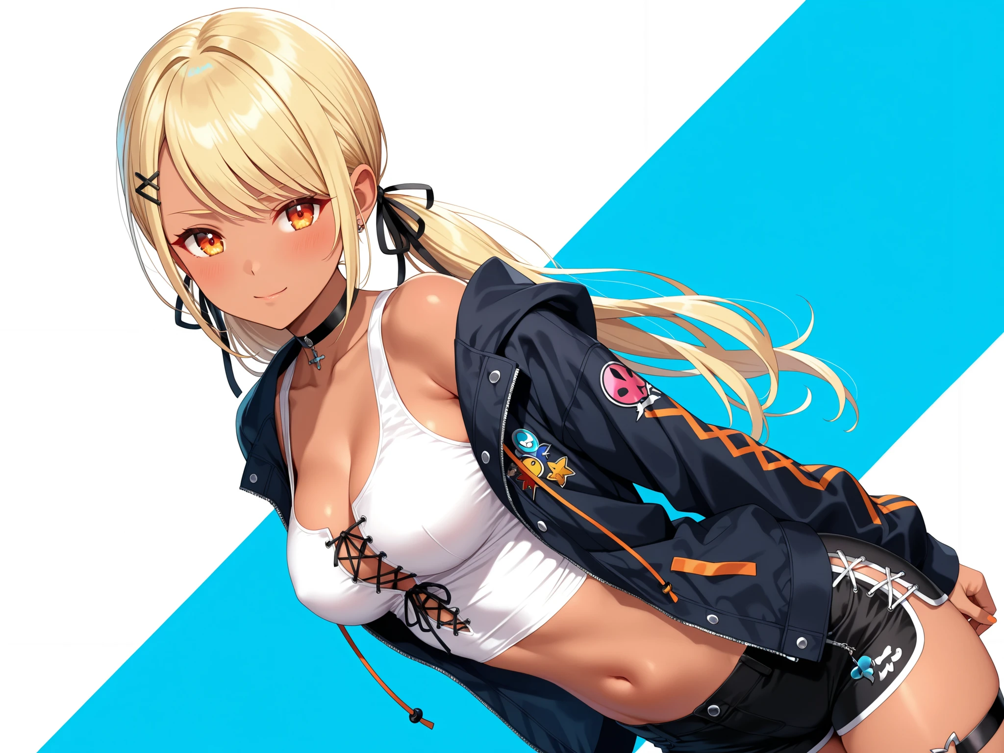 masterpiece,best quality, masterpiece, Super detailed,High resolution,Extremely detailed CG,QpiCos1 dark skinned female, orange eyes, blonde hair, long hair, low twintail, hair ribbon, hairclip, choker, white shirt, midriff, black shorts, thigh strap,medium breasts,white tank top, cross-laced clothes、cleavage、perky breasts,