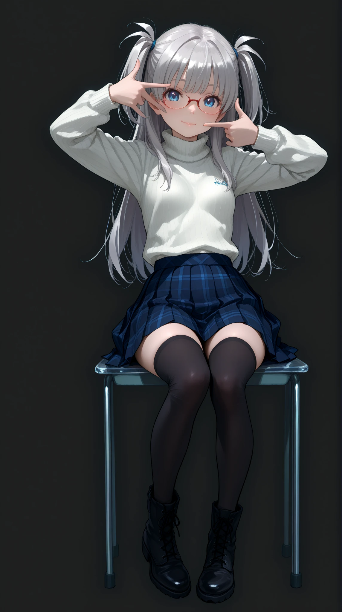 (tmasterpiece,high high quality,light grey sweater,stare,thigh boots,whaite hair,ssmile,sit on chair,Absolute realm,Classroom,Sitting,Crossed legs,low head)