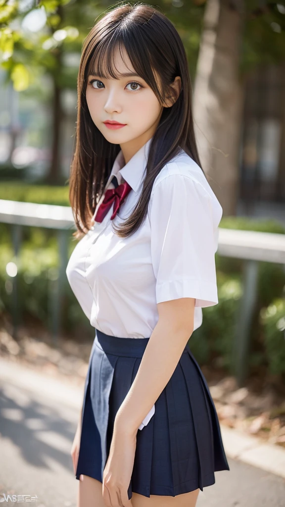 (masutepiece, Best Quality:1.2), 8K, 18year old, 85 mm, Official art, Raw photo, absurderes, White dress shirts, Pretty Face, close up, Upper body, violaceaess, gardeniass, Beautiful Girl, School uniform, (Navy pleated skirt:1.1), Cinch West, thighs thighs thighs thighs, Short sleeve, Classroom, Sit on a bench seat, Looking at Viewer, No makeup, (Smile:0.4), Film grain, chromatic abberation, Sharp Focus, face lights, clear lighting, Teen, Detailed face, Bokeh background, (dark red necktie:1.1)、medium breasts