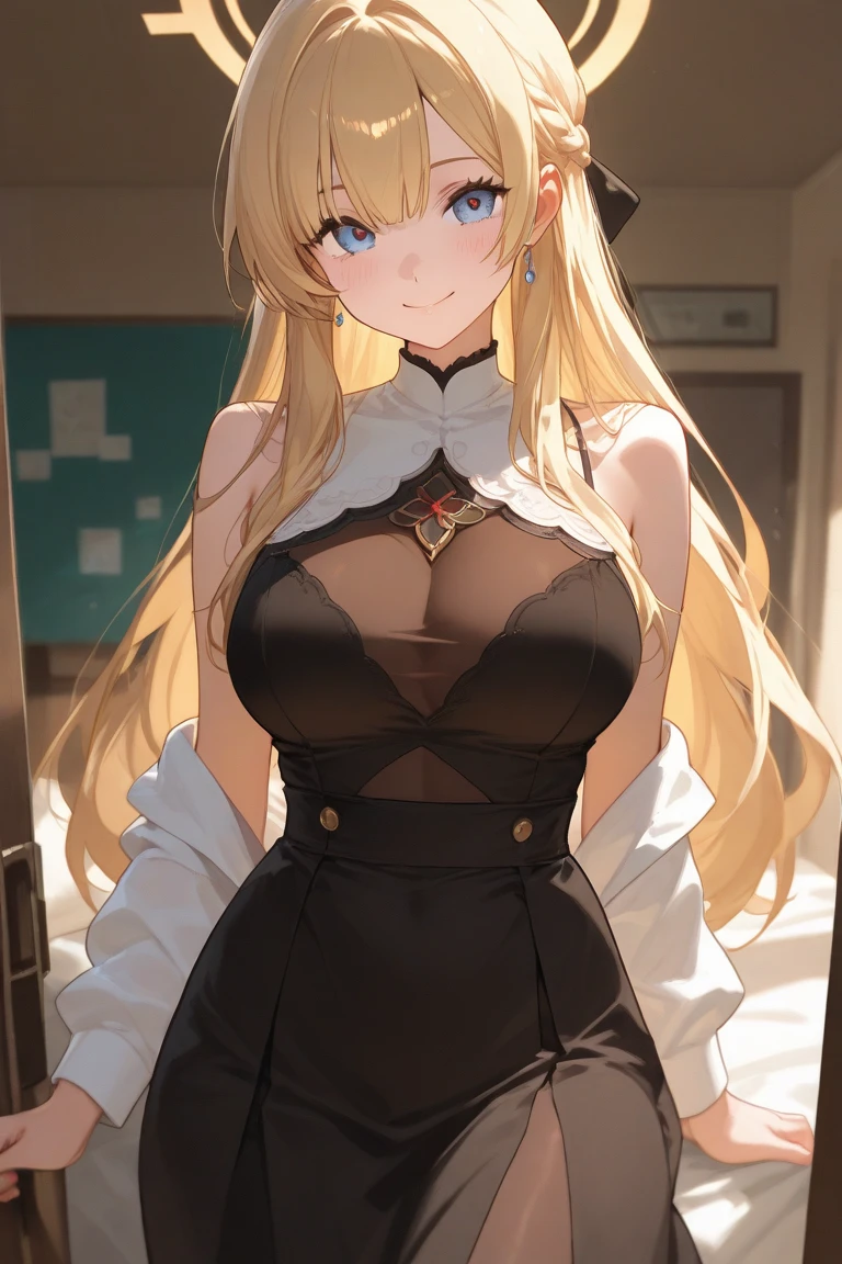 top-quality、hight resolution、detaileds、Beautiful Girl of the Demon Tribe、Long Blonde Hair、Sexy black mini dress、Breakfast in the old-fashioned castle dining room、Stone room、red eyes、Breakfast、