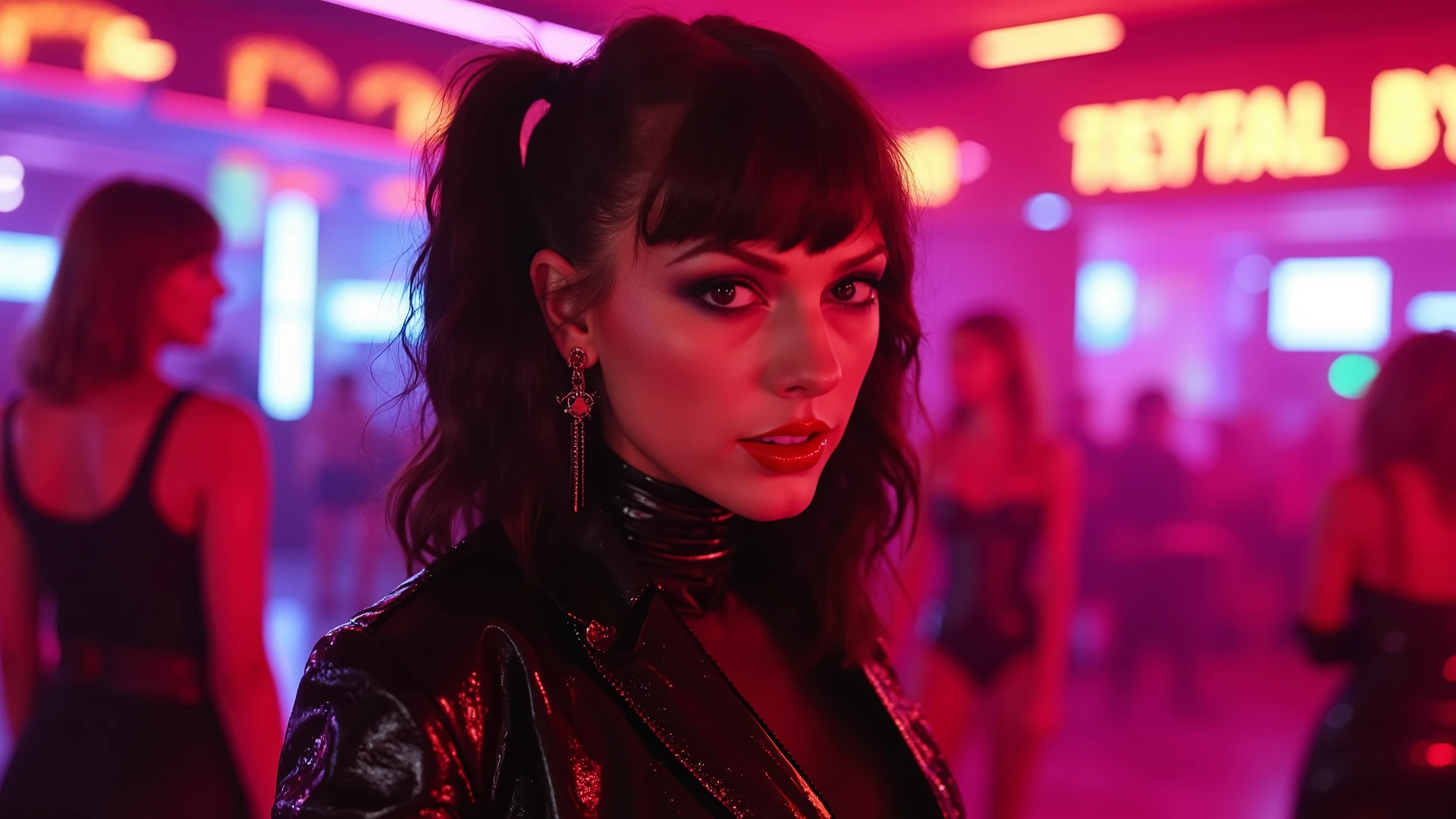 Album cover for a Eurodance music band, high quality (48K, Highs, Masterpiece: 1.2), ultra-realistic, vibrant colors, dynamic lighting, glossy finish, futuristic design, energetic atmosphere, neon lights, elegant typography.