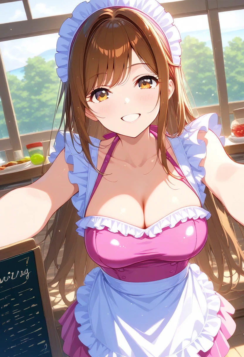 mastute piece,Best Quality,insanely detailed,8k cg,nsfw,
(shoot upper body:1.3),
(1girls:1.3),standing,looking at viewr,body in front,(both arms behind back:1.4),(maid waitress costume:1.3,),(bare breasts:1.4),break,
blush,shy,(ecstasy face),(trembling:1.2),break,(light red hair:1.2),
break,
perfect breasts,(perfect teats:1.2),(open mouth:0.9),(large breasts:1.3),
(coffee shop:1.1),