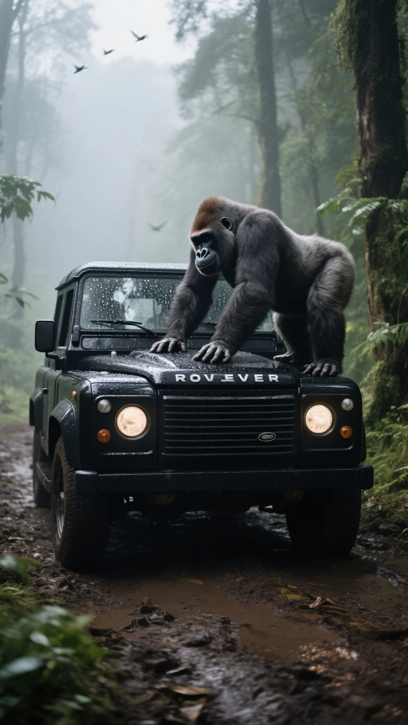 king kong chasing a white lghtwght land rover with a scared driver, red racing stripes, high speed chase in the jungle, at night, lights, full moon, cinematic, dramatic light, in motion, motion blur,
<lora:Lightweight_Land_Rover_SDXL:0.7>
