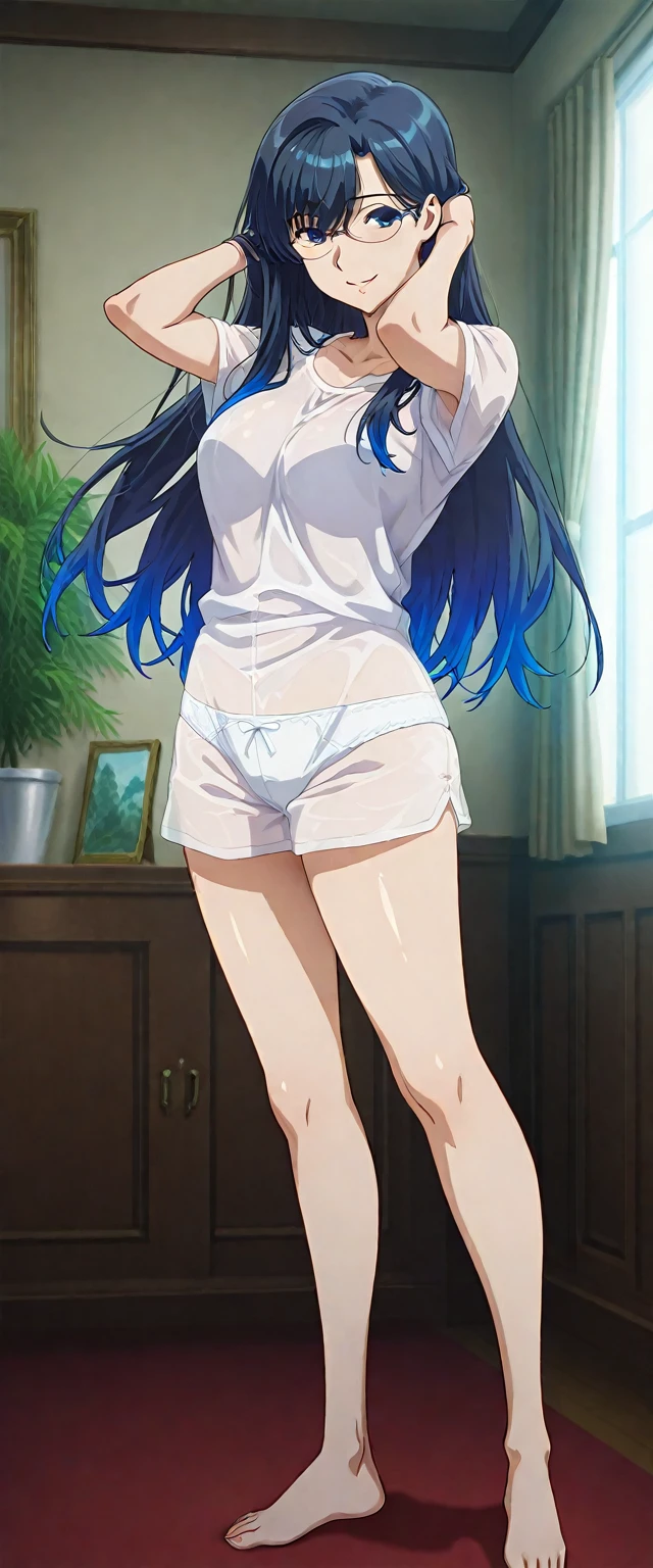 highest quality, masterpiece, High resolution,8K,beautiful light, alone,(Attack on Titan),frida reis,official art,sitting, (In underwear),(((white panties))),blue background,legs closed,(perfect camisole),perfect thighs,Perfect navel,(perfect eyes),perfect arms,black hair,blush,blue eyes,wet skin,Medium chest,,perfect upper arms,looking at the viewer
