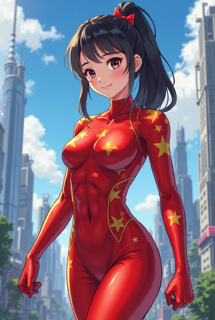 ((masterpiece)), ((best quality)), ((highres)), 1girl, solo, superhero, bare legs, (leotard), hands on hip, city backdrop