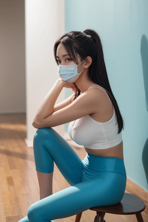 ((((highest quality))))、(((Ultra-precision CG16K wallpaper)))、(((masterpiece)))、(((Super detailed)))、(((super extreme details)))、１people&#39;s women、mature woman、25 year old woman、((Japanese face))、((very beautiful face))、((Zuo々Ki Nozomi:1.5))、((ponytail hair、one tail:1.5))、(shiny hair)、bangs up to eyebrows、beautiful brown hair、beautiful delicate eyes、brown eyes、raised eyebrows、high nose、small nostrils、small mouth、seductive lipouth slightly open、beautiful breasts、C cup size breasts、cleavage、plump body、perfect proportions、perfect anatomy、perfect composition、beautiful detailed shading、beautiful natural lighting、beautiful detail glow、Depth of the bounds written、soft focus、(((High chroma)))、(((real:1.9)))、((vivid:1.4))、((beautiful skin))、((skin texture))、((realな皮膚感))、(((full body shot:1.4)))、((Angle seen from the front:1.5))、((Wearing a mask:1.6))、(profile:1.5)、bright sunshine、(((Inside a convenience store:1.3)))、(Shopping Pose:1.5)、(((Wearing white crop T-shirt、Wearing gray shorts:1.6)))、(((cap、Wearing sneakers:1.6)))、