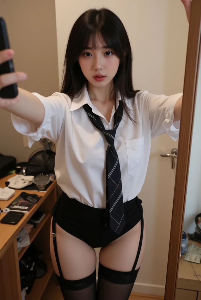 Upper half of traditional sailor suit、Japanese high school student、15 year old female, RAW shooting, (realism: 1.8, realistic), High-definition CG integrated 8K wallpaper, one girl, camera'line of sight, ((straight from the front))), (headquarters skin: 1.8, shiny skin)), 8k uh, Digital single-lens reflex camera, soft lighting, high quality, (whole body: 0.5) (professional lighting: 1.6), japanese woman, 足首からwhole bodyまで, Photographed looking up from the feet, height: 160cm, Weight 50kg, (((My skirt is rolled up and I can see my underwear.)))、(((legs open)))