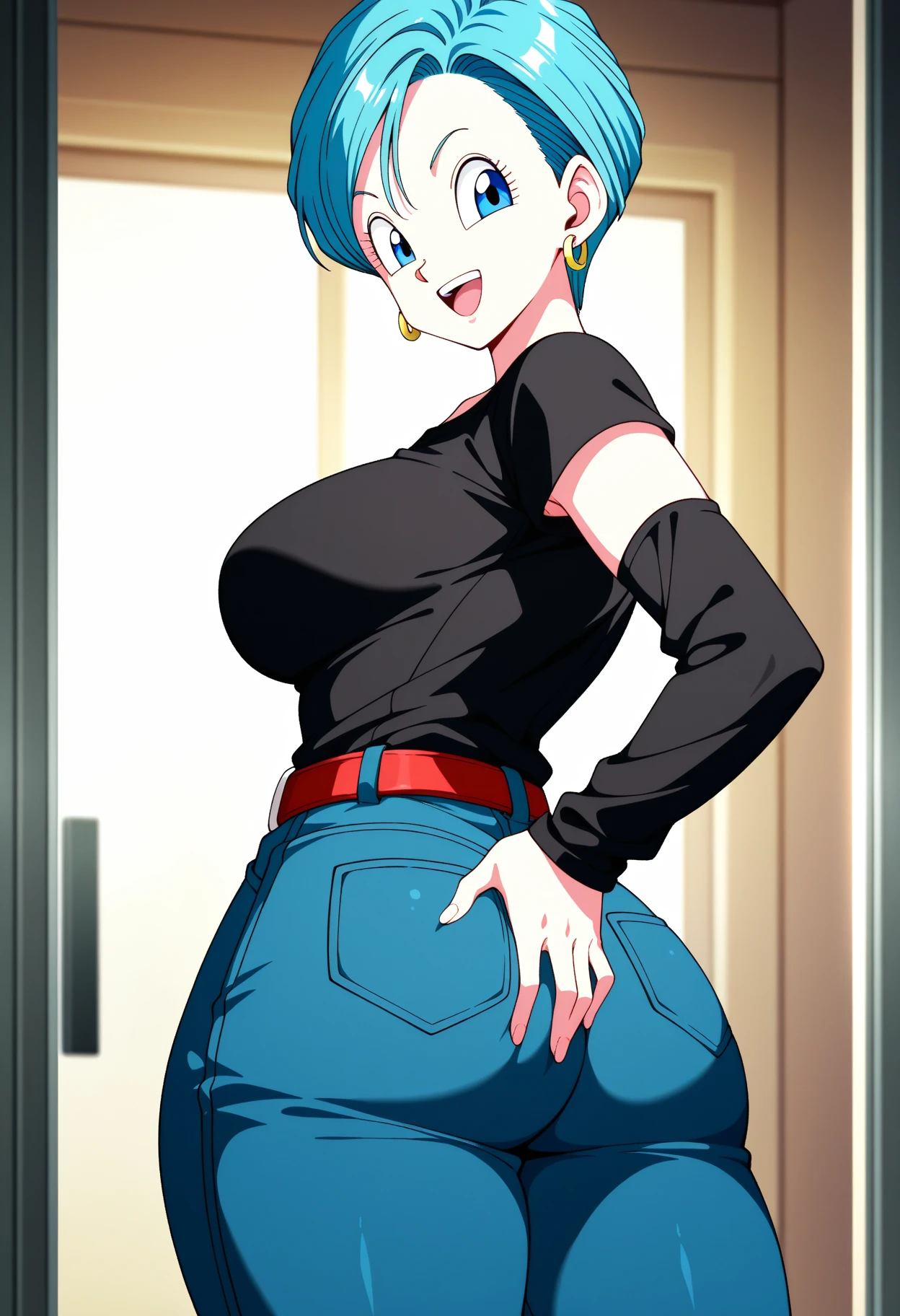 Bulma showing off her big butt wearing skintight light blue jeans and showing off her ass,(back pose), (crouching position)