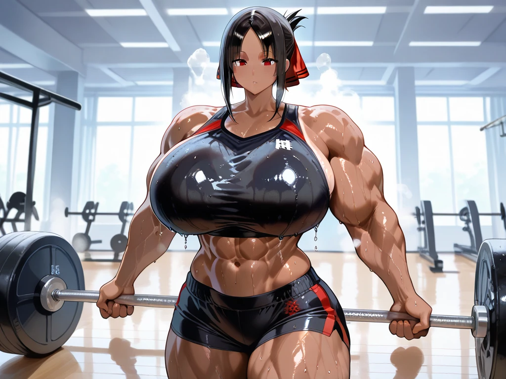 ((1girl)), black hair, (extremely long hair), yellow eyes, ((huge breasts)), ((thick thighs)), (solo), angry, (pale skin), sweaty, (shiny skin), ((((gym clothes)))), ((((((((muscular)))))))), (((wide hips))), mountain range background