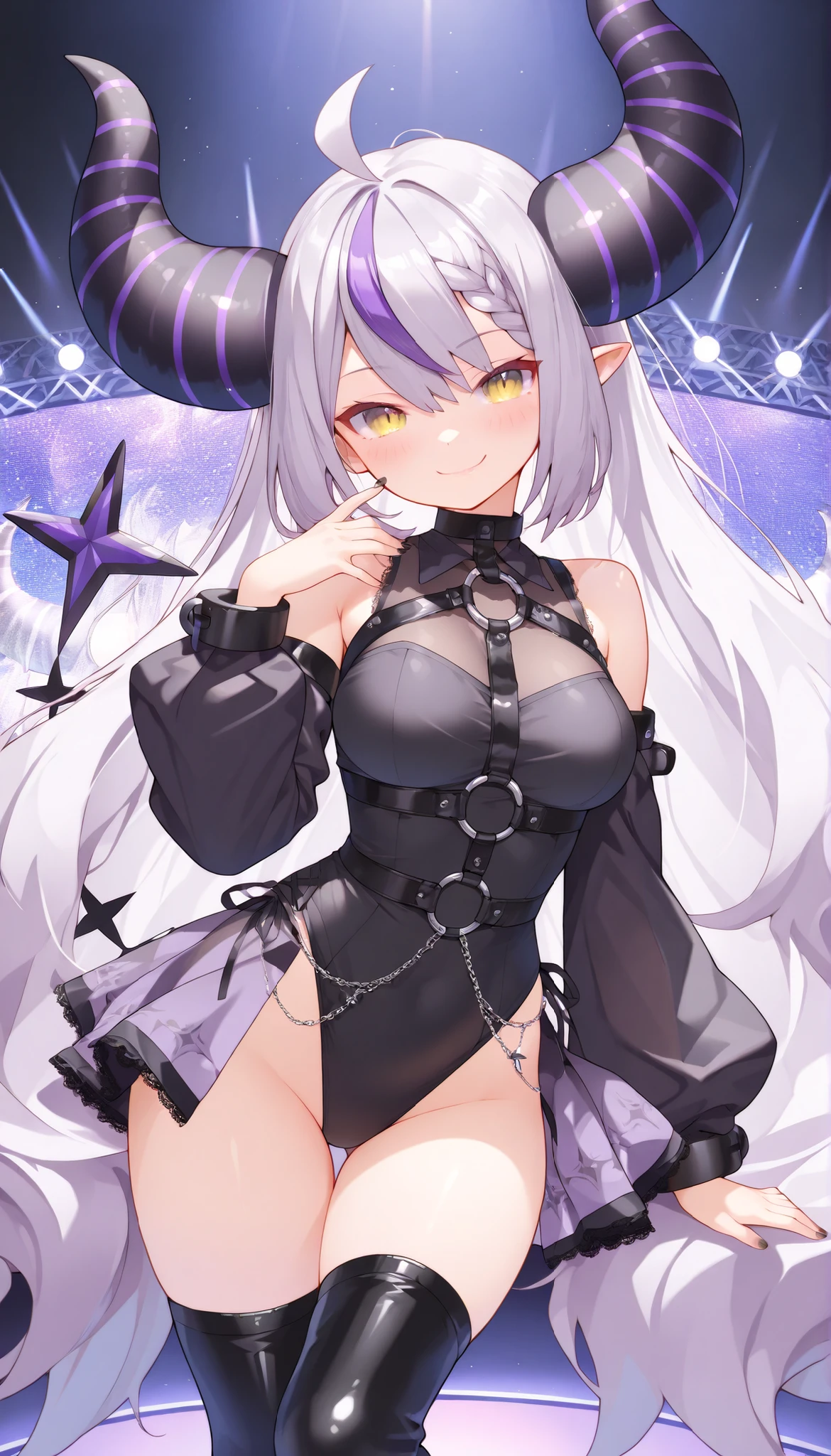young girl, long white hair, purple eyes, cat ears, open belly, inner sideboob, tattoo, smirk, rich dress, masterpiece, high quality, princess, castle