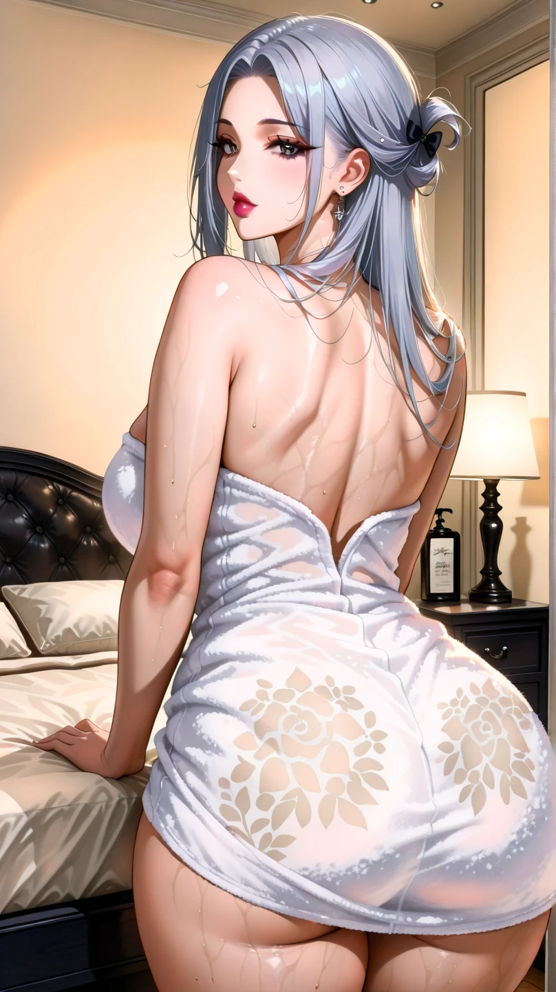 20-year-old angel (Long hair, white hair) Yellow eyes, cat ears, white fox tail, large white angel wings, and a glowing yellow halo ring above the head. (White sleeveless halter sweater, white pure killer sweater, bare back shirt, white outfit) (Wear only white sleeves.) White long socks, lying on the bed
