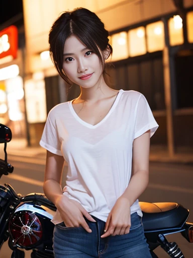 Japanese female, a lot of details, (underweight), detailed black hair, beautiful detailed hair, super fucking beautiful, delicate beautiful face, complex details beautiful and delicate eyes, perfect hands, (flat chest best quality:1.5), perfect and delicate limbs, detailed skin, best quality, ultra-detailed,(street), (YAMAHA motorcycle:1.3), (riding YAMAHA motorcycle:1.6), (blue trunk neck tee), (white jeans), full body shot, from front, ground-level shot