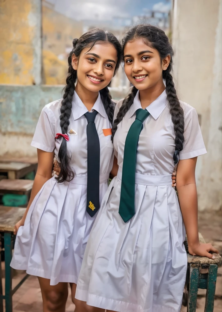 Raw photo, two beautiful teen schoolgirls, with plaited hair, both warmly hugging eachother in a school classroom in a joyful happy mood, wearing white frocks and orange color ties, white shoes, with school backpacks, professional photographer, (hdr:1.4), masterpiece, ultra-realistic 8k, perfect artwork, intricate details, cute face, award winning photograph, (Best quality, 8k, 32k, Masterpiece, UHD:1.3)