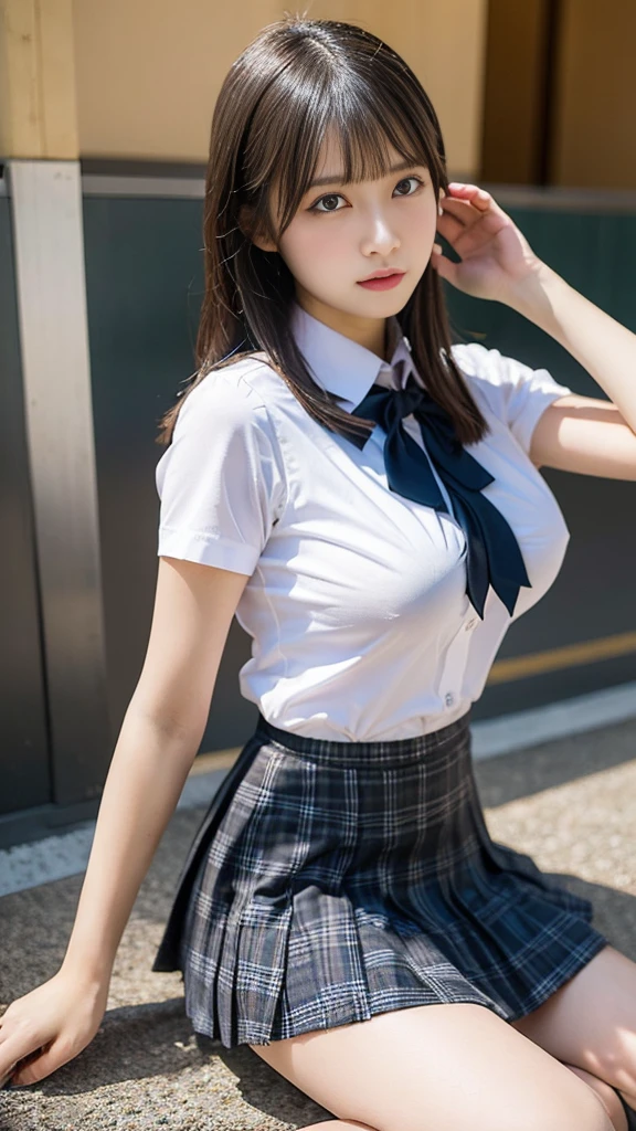 (highest quality:1.4), (hyper quality), (Super detailedな), 1 beautiful girl, Super cute, wonderful face and eyes, (school uniform, Blue checked pleated mini skirt:1.5), ( on skirt:1.9), (Beautiful and incredibly big breasts:1.3), (slender body:1.1), (thin legs), (thin waist), real skin texture, bangs, bright and shiny lips, Beautiful Goddess Advent, beautiful background, golden ratio, conceptual art, Super detailed, Accurate, advanced details, outdoor, sexy art, surrounded by a beautiful sunset, bright light, Super delicate illustration details, Highly detailed CG integrated 8K wallpaper, RAW photo, professional photos, cinematic lighting, Depth of bounds written, (No bra), (nipple protrusion), (nipple protrusionが制服を押し上げている), cropped tops, (High heels on bare feet)