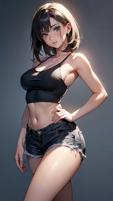 (character design sheet, same character, front, side, back), 1 voluptuous woman, short black hair, hairstyle pixie, eyes, environment change scene, Female, wearing overalls "without shirt", uncovered shoulders, (simple background, white background: 1.3), illustration, ((masterpiece)), (((best quality))), UHD, highres, 8k, best quality, high details, anatomically correct