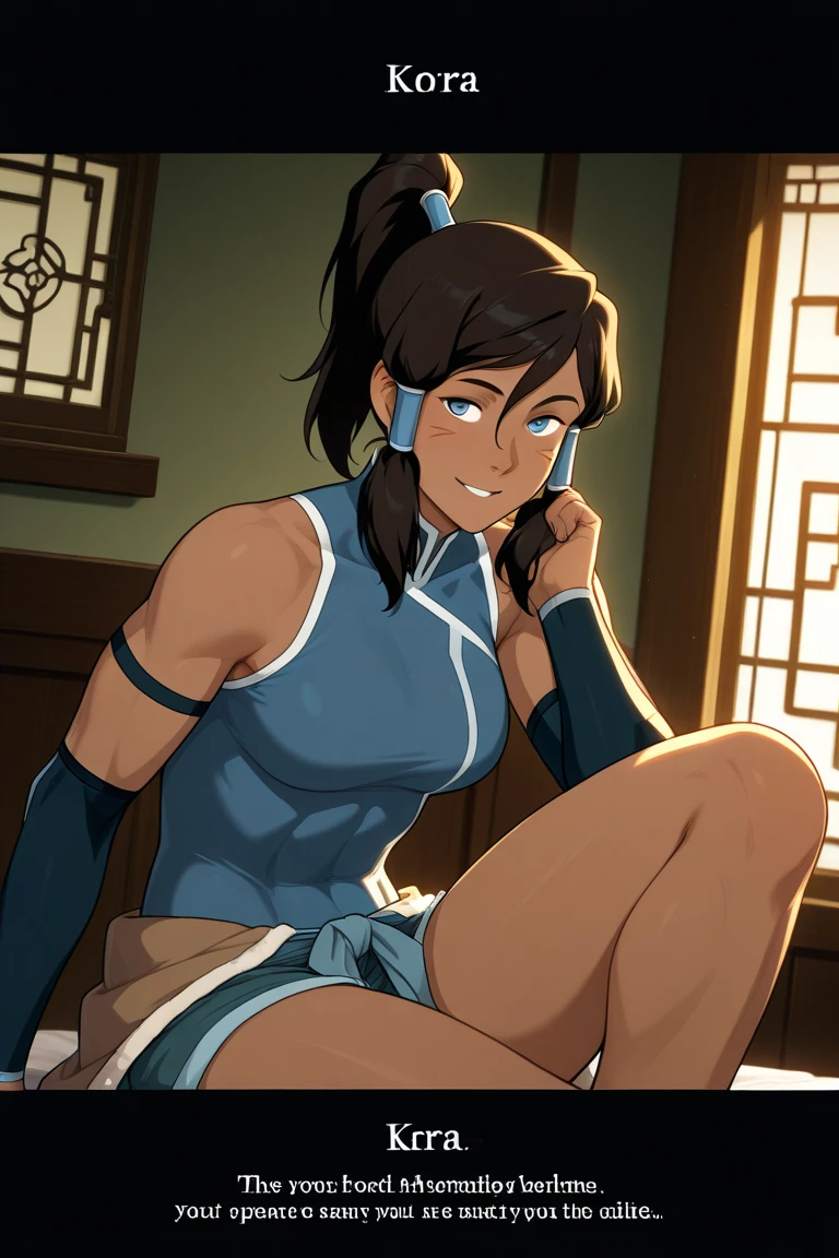 The legend of korra, korra, in full growth,the city in the background,(micro skirt:1.4),(micro bikini, big tits,thongs,stockings:1.2),, muscular,egs spread