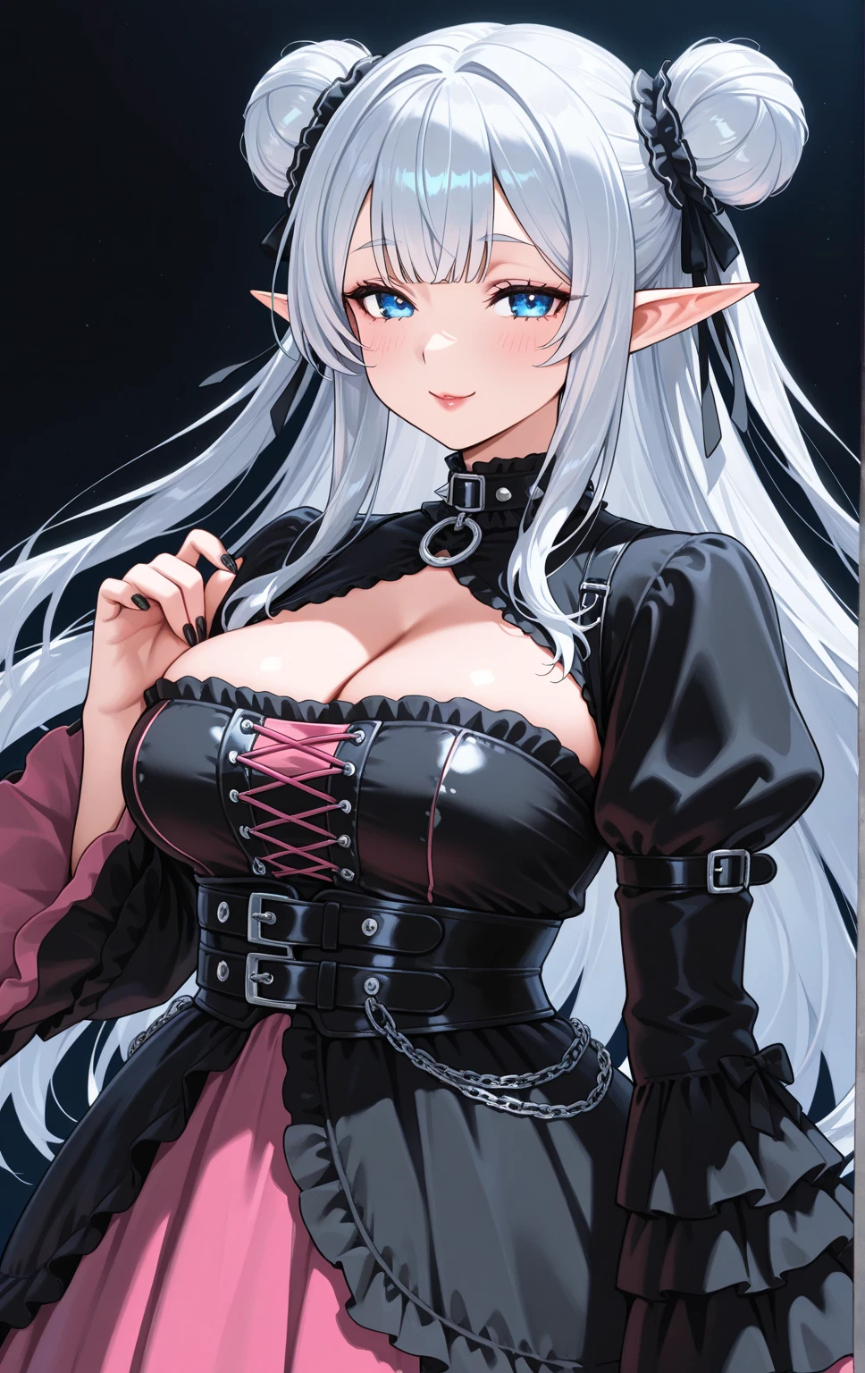 Anime Kawaii sexy Perfect Slim sensual body large breast and huge thighs, An intricate and highly detailed illustration of anime (Young girl). beautiful girl with pointed ears, blond hair, silver accessories, zipper unzipped, elegant, (best quality,4k,8k,highres,masterpiece:1.2),ultra-detailed,(realistic,photorealistic,photo-realistic:1.37),portrait,fantasy,cinematic lighting,dramatic colors,chiaroscuro,moody atmosphere
