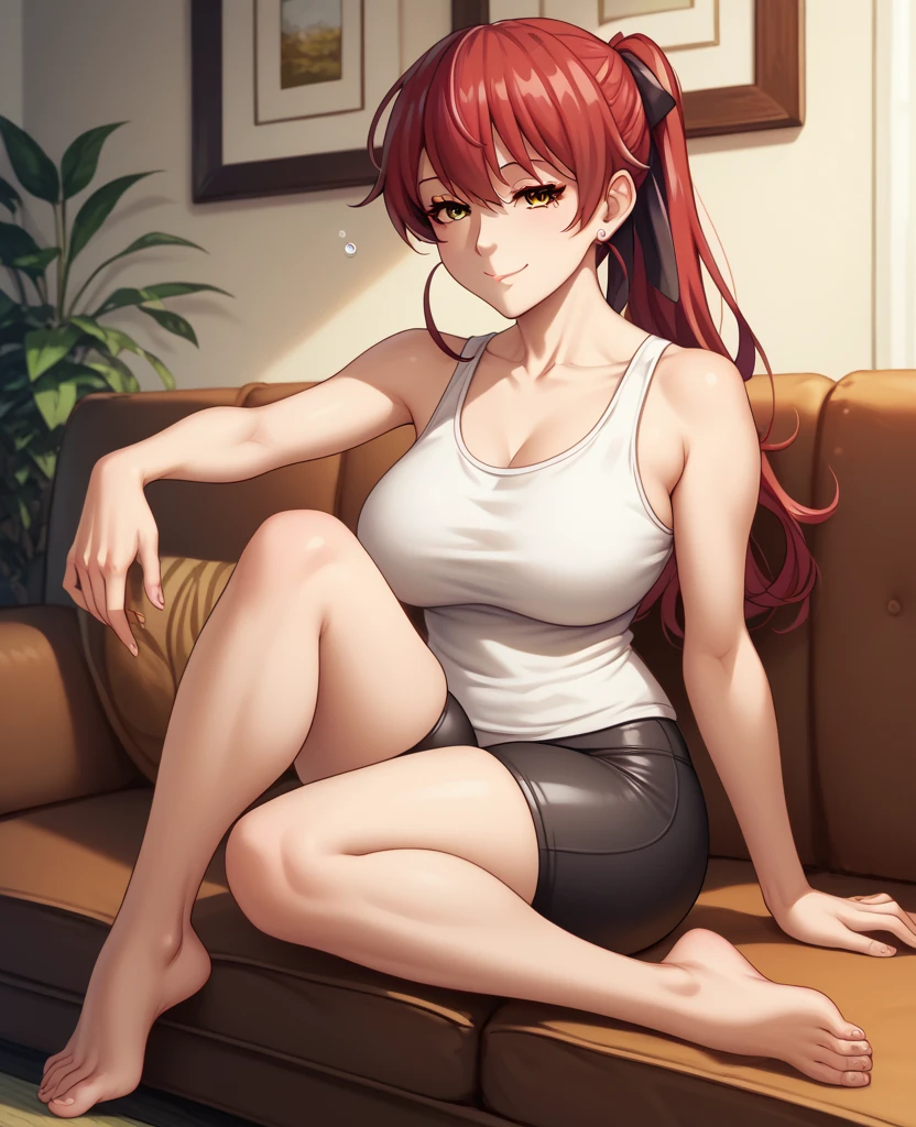 1girl, underwear, tight shirt, lingerie, big chest, long torso, red hair, ponytail, shiny skin, cupboard stretching upwards