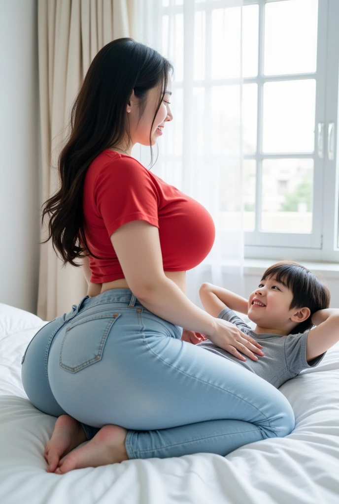 Create a boy with short black hair androgynous face and body topless Large breasted woman wearing jeans and white sneakers sitting on the edge of a bed with a scared face