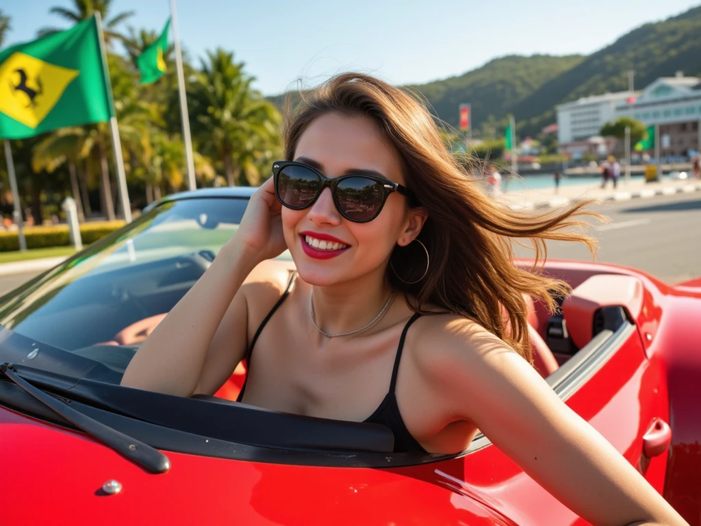 (best quality,4k,highres:1.2),ultra-detailed,(realistic:1.37),A Colombian woman driving a pickup truck in a colorful bikini,long blackhair,tanned skin,beautiful detailed eyes and face,confident smile,strong and muscular physique,curvy body,fashionable sunglasses,shiny red lipstick,striking red and white skin tight bikini,holding the steering wheel,tattoo on her arm,with a sense of adventure,driving through a lush tropical rainforest,tall palm trees and exotic plants and aliens in the background,vibrant green foliage,sunlight filtering through the leaves,creating a dappled effect on the road,wind flowing through her hair,exhilarating speed and freedom,positive and carefree attitude,feeling the warm breeze on her skin,her truck splashing through a small stream,creating a spray of water,adventure and excitement,joyful expression on her face,blond sandy beaches in the distance,clear blue skies above,seagulls flying overhead,a sense of tropical paradise,exotic birds chirping in the background,lively and energetic atmosphere, vivacious personality,celebrating life and embracing ,feeling empowered and unstoppable,an epitome of confidence and beauty,an inspiring and captivating scene.