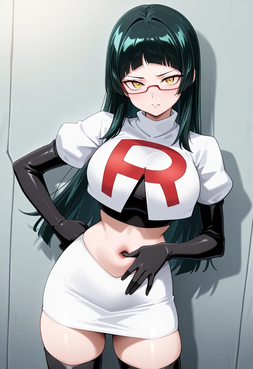 (masterpiece, best quality, ultra-detailed), 1girl, looking at viewer, glasses, team rocket,team rocket uniform,white skirt,red letter R,crop top,black thigh-highs,black elbow gloves,