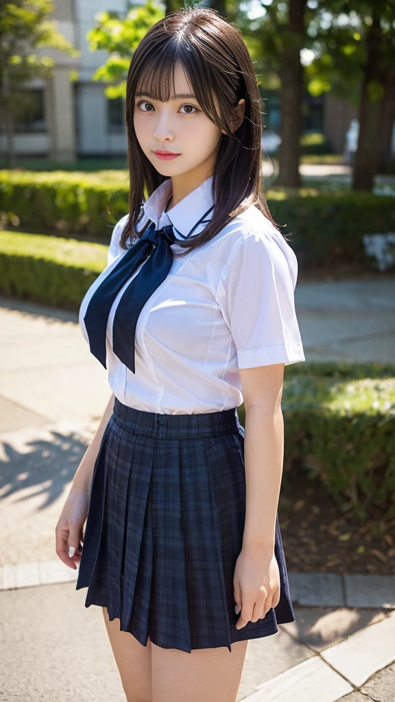 Mix 4, (16K, Raw photo, Best image quality, masterpiece: 1.45), (Realistic, Photorealistic: 1.37), One Girl, cute, Cityscape,, Professional Lighting, Photon Mapping, School classroom, Physically Based Rendering, Dark brown hair,Ponytail hairstyle, Beautiful, well-groomed eyes、double eyelid、With a girl, (((school uniform、blazer、Long-sleeved shirts worn by Japanese high school girls、Ribbon tie、Dark blue mini skirt,、Dark blue socks、Black Loafers))), Highest quality photos, High resolution, 1080p, (Clear Face), (Detailed face description), (Detailed hand description), (masterpiece), (Exquisite CGI)、Extreme light and shadow、Disheveled Hair、Masterwork、Rich details、(Beautiful Faces)、(Highest quality photoasseter muscle area)、(Detailed eyes)、Look in front of you、Thin clavicle、((Slim and large))、(((Japan wears long sleeve shirts)))、((Pure Idol))、((school gate、Schoolyard、School building in the background))、(Shot from random perspectives)、(((Anyway, cute)))、Earrings、Big smile、Drawing the whole body from the knees、No nasolabial folds、(((Sports bags used by Japanese female students)))、(big sagging breasts:1.2)、Firm big ass、Two arms and two legs、(((from the front:0.7)))、bare hands、(((Symmetrical eyes)))、Standing pose、Place your hands on the desk、