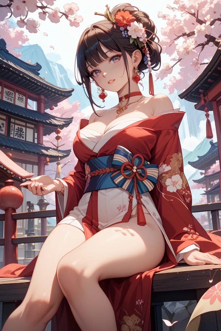 masterpiece、best、Hi-Res、1 female、A dark-haired、Medium Hair、Asymmetrical hair、Floating hair、blindfolds、High Ponytail、side locks、hair adornments、Fish hair ornament、tassels、Kanzashi、bangss、light blue eyes、Beginning、ssmile, tusk, Only the upper teeth, a choker, a red choker, Pendant Choker, Butterfly Choker, 鎖骨, The tattoo, Chest Tattoo, Flower tattoo, cleavage of the breast, middlebreasts, thighs thighs thighs thighs, bandaged, Bandaged Legs, sarashi, Budget Sarashi, Breast sarashi, Black sash、 Hadanugi Dosa 、 Broomstick 、 Komono 、 Kimono 、 Drawstring 、 Obi 、 Obiage 、 Obi tightening 、 Orange kimono 、 Drawstring 、 Patterned kimono 、 noose 、 Obi 、 Shimenawa 、 Short kimono 、 Piece bare shoulders 、 phantom(Genshin) 、 East Asian Architecture 、cherry trees, full body Esbian, crouching down, sparkler fireworks, natta, sparklers, sparklers, cross one's legs, an legs, single glove, Single fingerless gloves, wristbands, Black socks,
