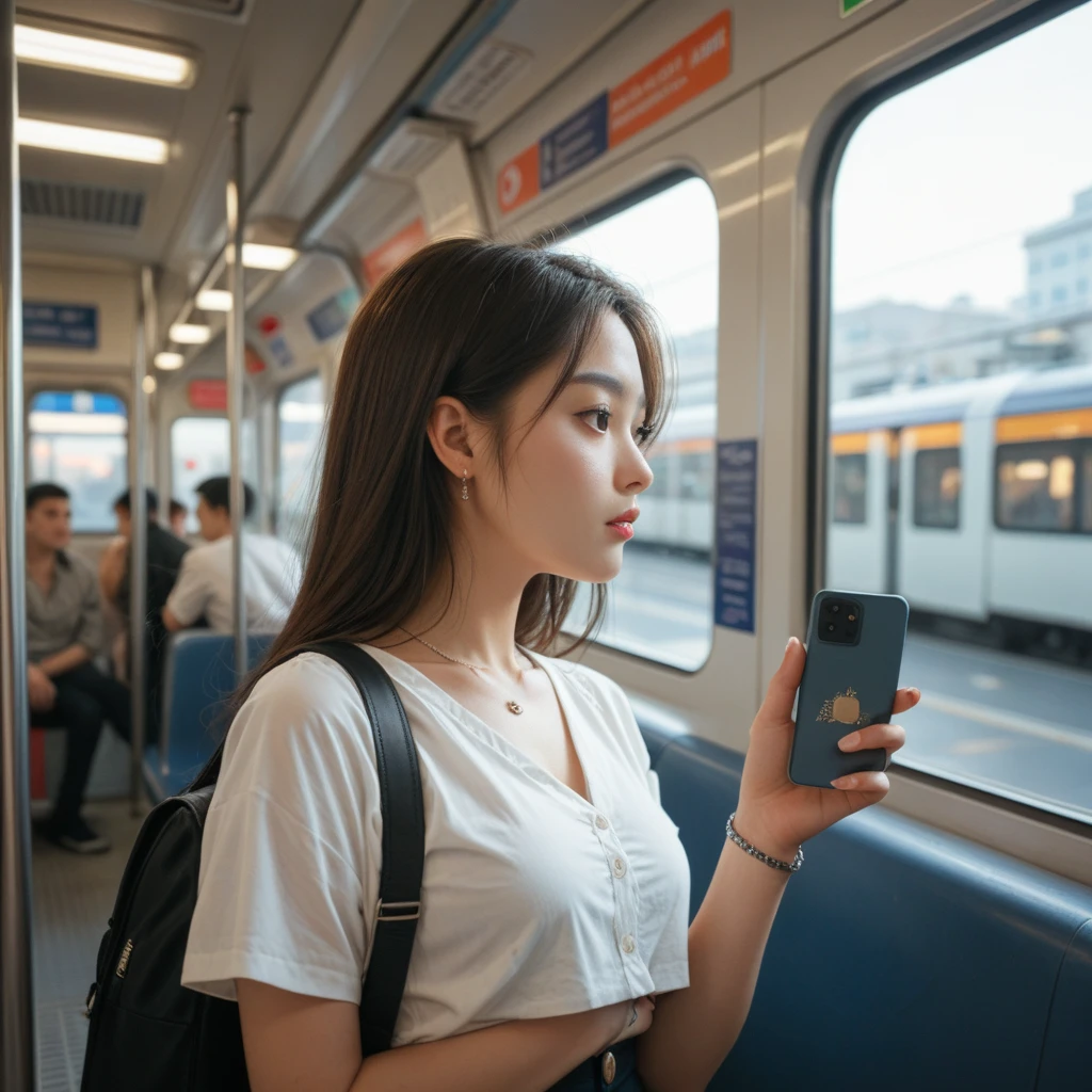 Japan woman with long hair with blonde highlights on brown hair、Sunglasses with black lenses、Stand on the railing of the train and cuddle、I'm looking at my phone for a moment.、Black dress with lace、cleavage of the breast、Gap between the dress and the chest、Trem lotado