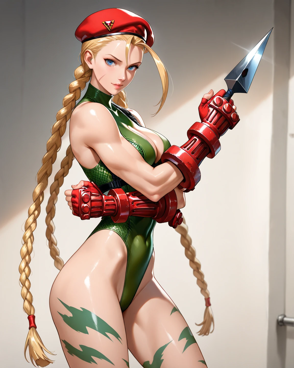 Best Quality, Masterpiece, Ultra High Resolution, rembrandt Lighting, night time, background dark, cammy street fighter, attractive, long blonde braided hair, wearing red army beret hat, sexy singlet vibrant green outfit, wearing red combat gloves, combat boots, leggings, no cleavage, seductive, extra curves, wet skin, petite breasts, white skin, 3/4 shot of adynamic combat pose, big thighs, slim waist, shy, sfw, scantily clad, ripped, revealing outfit, camel toe, flawless masterpiece kawaii, perfect body, perfect face, perfect hands, perfect fingers, sexy pose, PERFECT ANATOMY