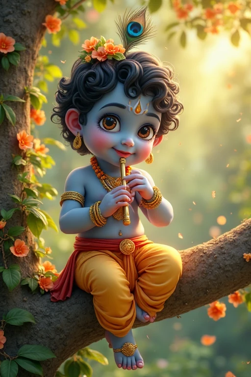 Little krishna on swing, full decoration swing, in forest background of plants and flowers