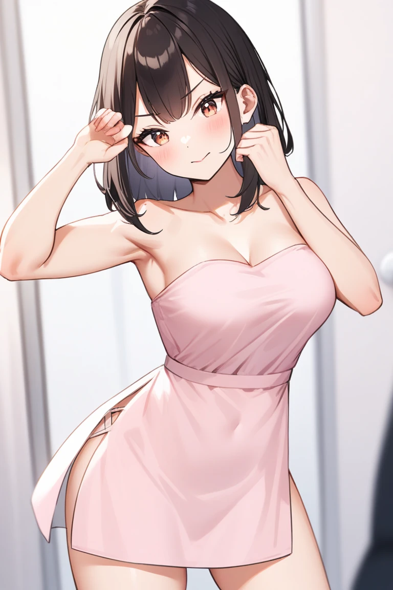 masterpiece, absurdres, best quality, ultra detailed, high Resolution, detailed illustration, bright colour, (extremely beautiful detailed face and eyes, Delicate beautiful face, 1 girl, cute face:1.3), (magenta eyes:1.1), sparkling eyes, big eyes, medium breasts, (perky breasts:1.1), (pointy breasts:1.1), medium hips, glamorous body, white skin, BREAK, long bob cut, (blonde hair:0.8), messy hair, detailed hair, shiny hair, BREAK (strapless mini training wear, down blouse:1.5), perfect lighting, (embarrassed:1.5), (ecstasy, vulgarity:1.5), (trembling:0.8), (View from below:1.5), dance training,