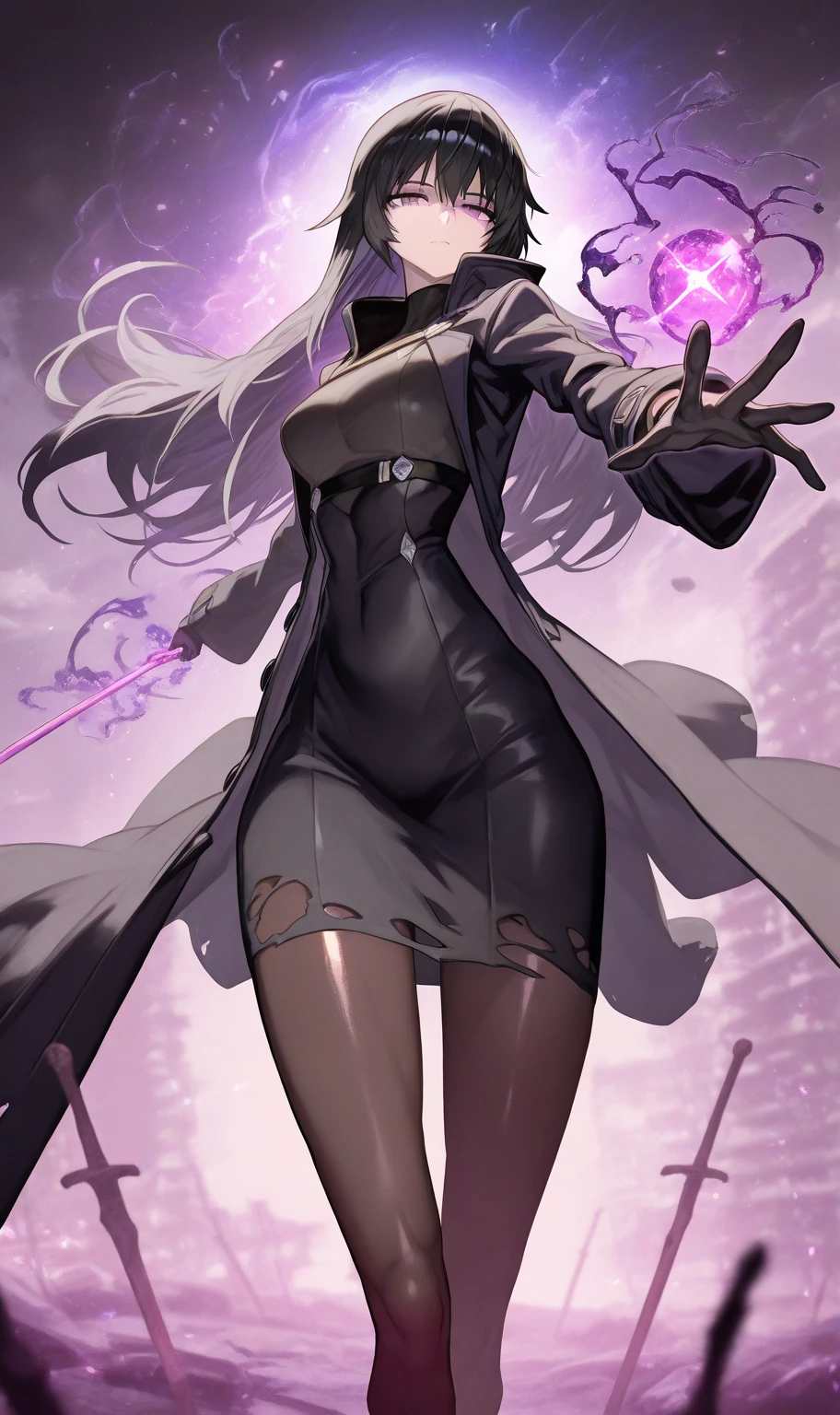 mature girl, grey wavy hair, violet eyes, nuns, action pose, war, black body suit, fantasy background, magic power