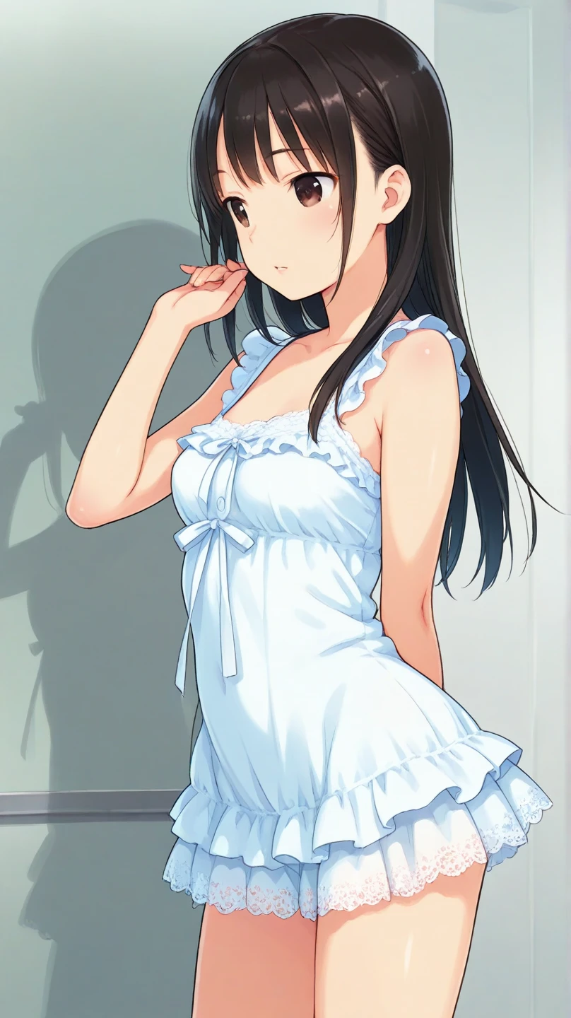 dvd cover, (High resolution:1.4), (masutepiece:1.2), (High quality:1.3) 1girl, saten ruiko, green eyes, long hair, black hair, small breast, smile