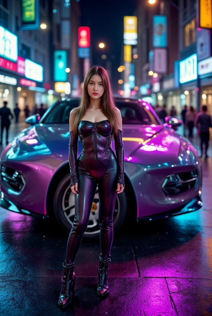 Beautiful girl lifting a car and she is dressed as a night city scene (アニメ)