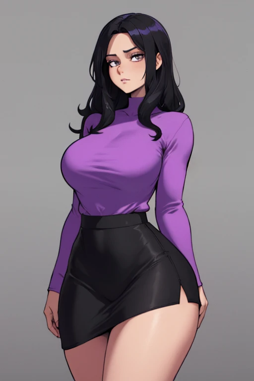 image of a 5'9ft tall woman, with black hair tied in a updo, pale skin and golden yellow eyes. wearing a silk violet tank top with a bra underneath her tank top, black pants and black heels. she has an athletic voluptuous body and has a small breast size. she has purple lipstick, purple painted fingernails. she has a seductive smile
