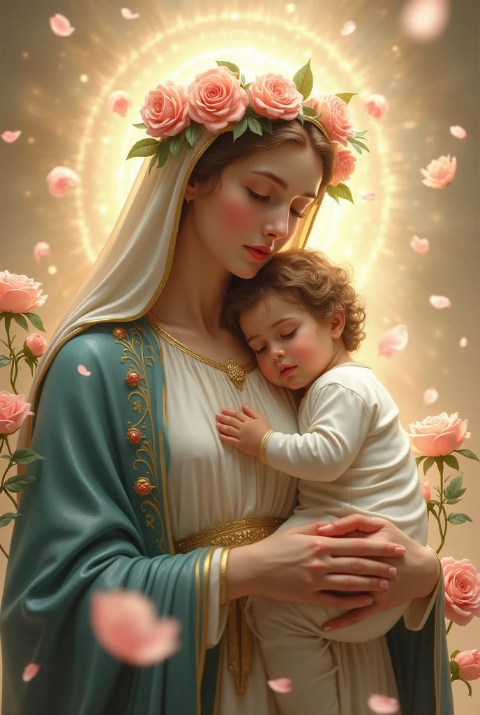 (((Blessed Virgin Mary and the baby Jesus. 19 years old))) ((( Con una cara seria y piadosa. Con una mirada dulce y tierna))) (obra maestra, calidad superior, mejor calidad, arte oficial, beautiful and aesthetic: 1.2), (1girl), extremadamente detallado, (Arte fractal: 1.3), colorido, highest detailed, Cara perfecta, parte superior del cuerpo, HDR, (orando: 1.3), (golden lines of white coat: 1.2), galaxia, (rayas de luz), eye-catching visuals, (dynamic stripes, senderos luminosos: 1.2), colores vibrantes,
