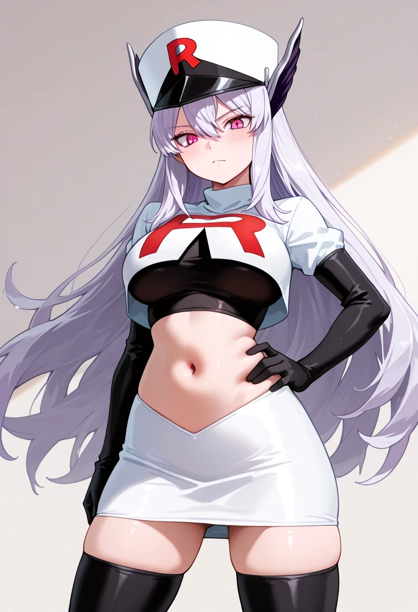 
é˜¿èŽ±å…‹è¥¿äºšÂ·ç±³å¾·å˜‰å°”,1girl,solo,long hair,white hair,sidelocks,very long hair,bangs,twintails,hair ornament,red eyes,black bow,hair bow,parted bangs,two side up,
large breasts, Exquisite visuals, high-definition,masterpiece,best quality,expressive eyes,
looking at viewer,
highres, absurdres,team rocket,team rocket uniform,white skirt,red letter R,crop top,black thigh-highs,black elbow gloves