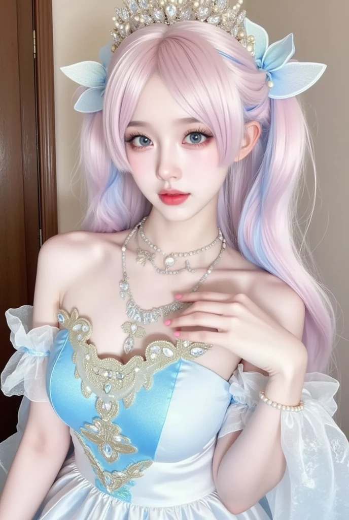 A young woman with long, wavy pastel-colored hair sits gracefully, dressed in an elaborate, fantasy-themed gown. The gown features a mix of soft pastel colors, including pink, blue, and lavender, adorned with sparkling embellishments and a large bow at the bust. She has a pair of large, fluffy cat ears on her head, matching her soft, fluffy tail. Her eyes are large and expressive, with a gentle and inviting expression. The scene is softly lit with a magical, dreamy ambiance, highlighting her smooth skin and the intricate details of her outfit. She wears delicate jewelry, including a butterfly hair clip, adding to the whimsical nature of her appearance. The background is soft and blurred, enhancing the ethereal feel of the image.