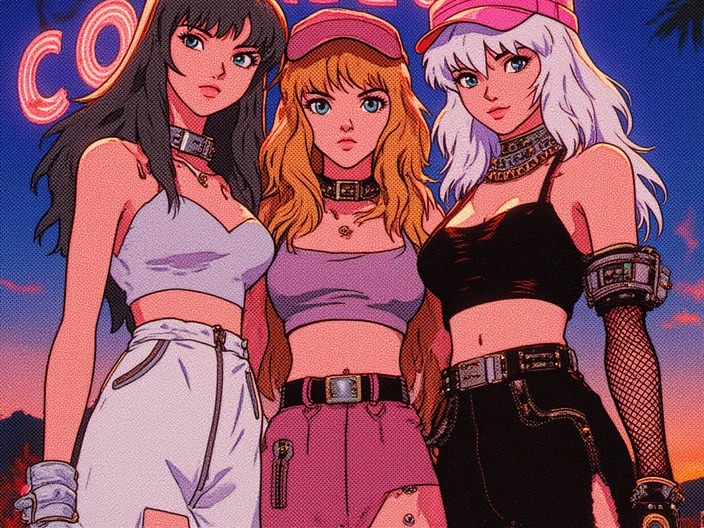 "Group of fashionable girls, neon retro vibe, and chains, casually lounging in a luxurious car."