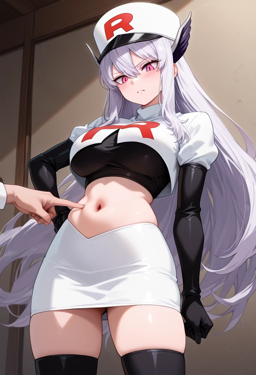 score_9, score_8_up, score_7_up, source_anime, (somejima_style), BREAK 1girl, 2boys, hina_\(blue_archive\), halo, horns, silver hair, medium breasts, flight attendant outfit, light blue skirt, white shirt, shirt open, light blue hat, red kerchief on neck, white stockings, blue heels, blush, blue bra, grey corridor, plane entrance, naughty, mouth open, tongue out, looking at viewer, squatting, legs spread, legs open, handjob, big cocks, black cocks, holding cocks, nipples, breasts out, panties pulled aside, panties aside, pussy, blue panties, blue underwear, pussy juice, wet, wet legs, faceless_male, netorare, cheating\(relationship\)