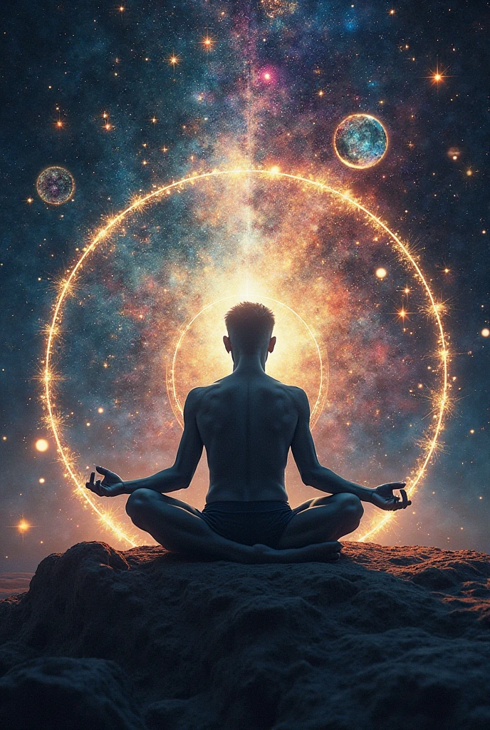 create a logo for me in which a shadow of human is stitting in meditation and all seven charkra on his body is glowing and person is in space surrounded by universe.