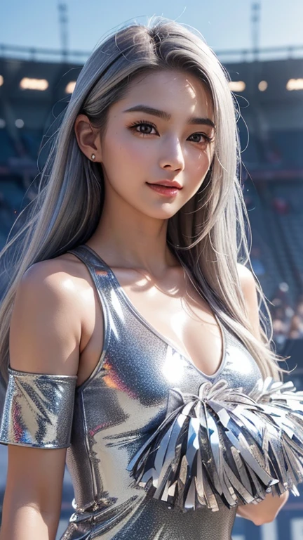 Highest quality, Super quality, 16K, Incredibly absurd, Very detailed, 2.5D, delicate and dynamic, blue sky, Confetti, Racing Car, Flag, Small face, Extremely delicate facial expression, Delicate eye depiction, Extremely detailed hair, Upper body close-up, erotic, sole sexy Japanes lady, healthy shaped body, 22 years old lady, Race Queen, huge firm bouncing busts, white silver long hair, sexy long legs, Glowing Skin, , 派手なRace Queenのコスチューム, blue tight skirt, white leather long boots, Formula 1, Auto Racing Track