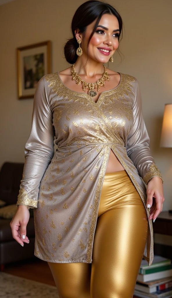 (A girl in luxury office), 1girl, solo girl, 20 year old girl,  (full body shot:1.5), (Masterpiece:1.2), (hyperrealistic, hyperdetailed), (looking at viewers), sharpen, ultra realistic face, detailed face, detailed eyes, detailed lips, red lips, beautiful face, 16k, FHD, raw photo, pretty face mesh, intricate, extremely detailed, ultra realistic texture, smooth skin, realistic face, glow lip, very_high_resolution, perfect figure, fit body, fancy ponytail hair style, fancy hair ornaments, (huge sagging breast, perky breasts, perfect rounded breasts, cleavage), (attractive body figure), (fancy high heel), ((embroidery fancy kurta), (embroidery kurta), embroidery luxury kurta, bodycon kurta, fancy kurta, skinny sleeves, (masterpiece kurta), (luxurious kurta), fancy leggings).