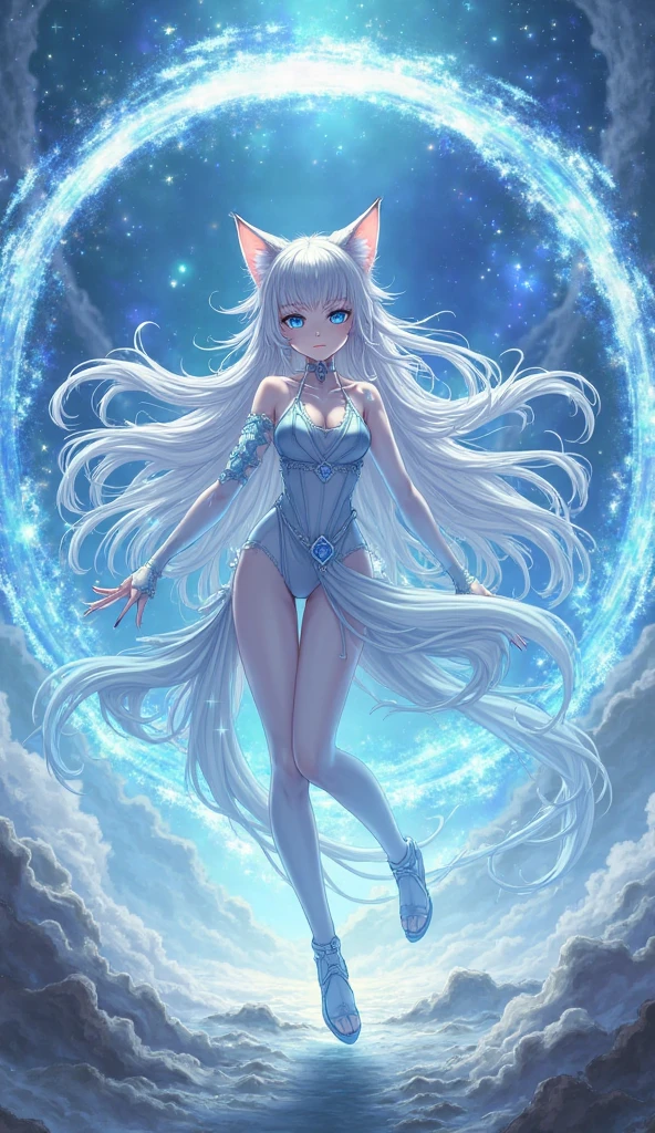Little Loli，masterpiece, high resolution, best quality, Very detailed,wallpaper，Space starry sky background，Cute and cute，A body made of white jade，Silver long hair，Height one meter five，V-shaped jumpsuit，Full body picture,No shoes，Very small feet，Feet made of white jade，Reproductive organs，Lace body stockings