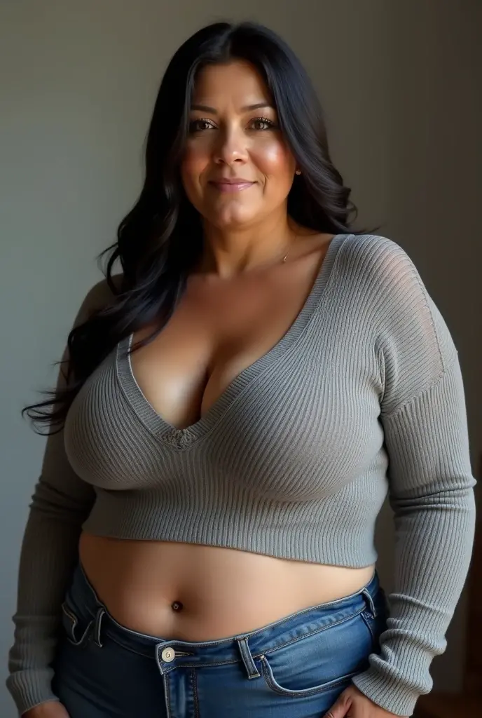 black medium hair,wavy hair,(armpit focus),(close up),saggy and gigantic breasts,(laughing),(sleeveless knit sweater),28 years old,arm up,(black armpit hair:1.1),thick upper arm,standing in dark back alley,dark offstreet,(curvy body:1.3),(denim short pants),seductive and mature woman,beautiful and adult face,japanese woman,(at dark midnight:1.5),earing,