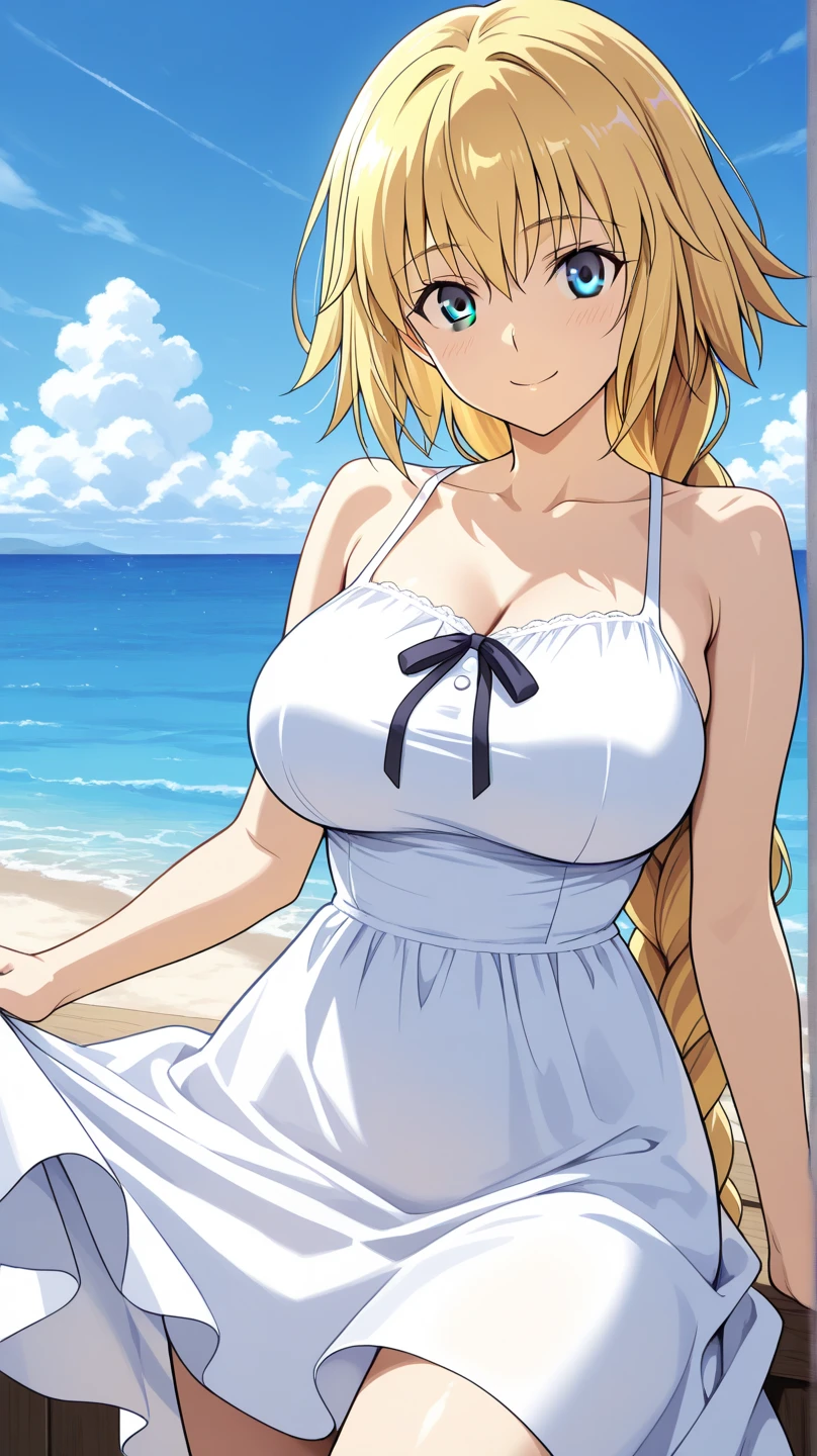 (Masterpiece, plain background:1.2, far shot view from below angle,1chica 1solo) de pie cuerpo completo, mujer madura, morimoto_leona, blonde_hair, drill hair, blue eyes, large breasts, standing, floral sundress
