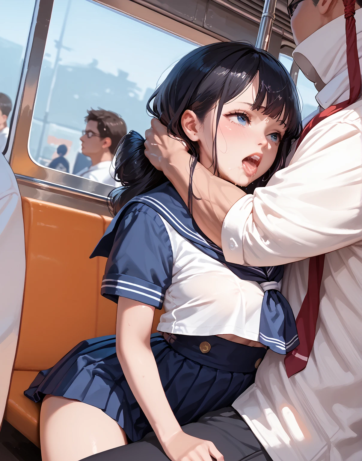 small petite, petite body, hair untied, hair down, sailor outfit, small head, multiple men around,flat chested,Dark Hair, short, sailor outfit, man infront pants down, pull your pants down, girl mouth open, sucking, sucking hard, licking, mouth open, in mouth, kneeling down, side view