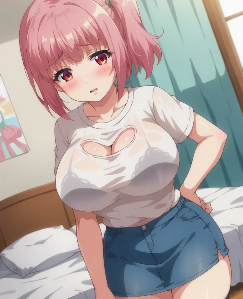 1girl, solo, (large breasts:1.1), sitting,  mai_koakuma_kanojo, (annoyed:1.1), blush, short hair, light smile, twintails, gym uniform, gym shorts, white socks, pink hair, pink eyes, short twintails,  <lora:MaiKoakumaKanojoLoraV01:0.8>